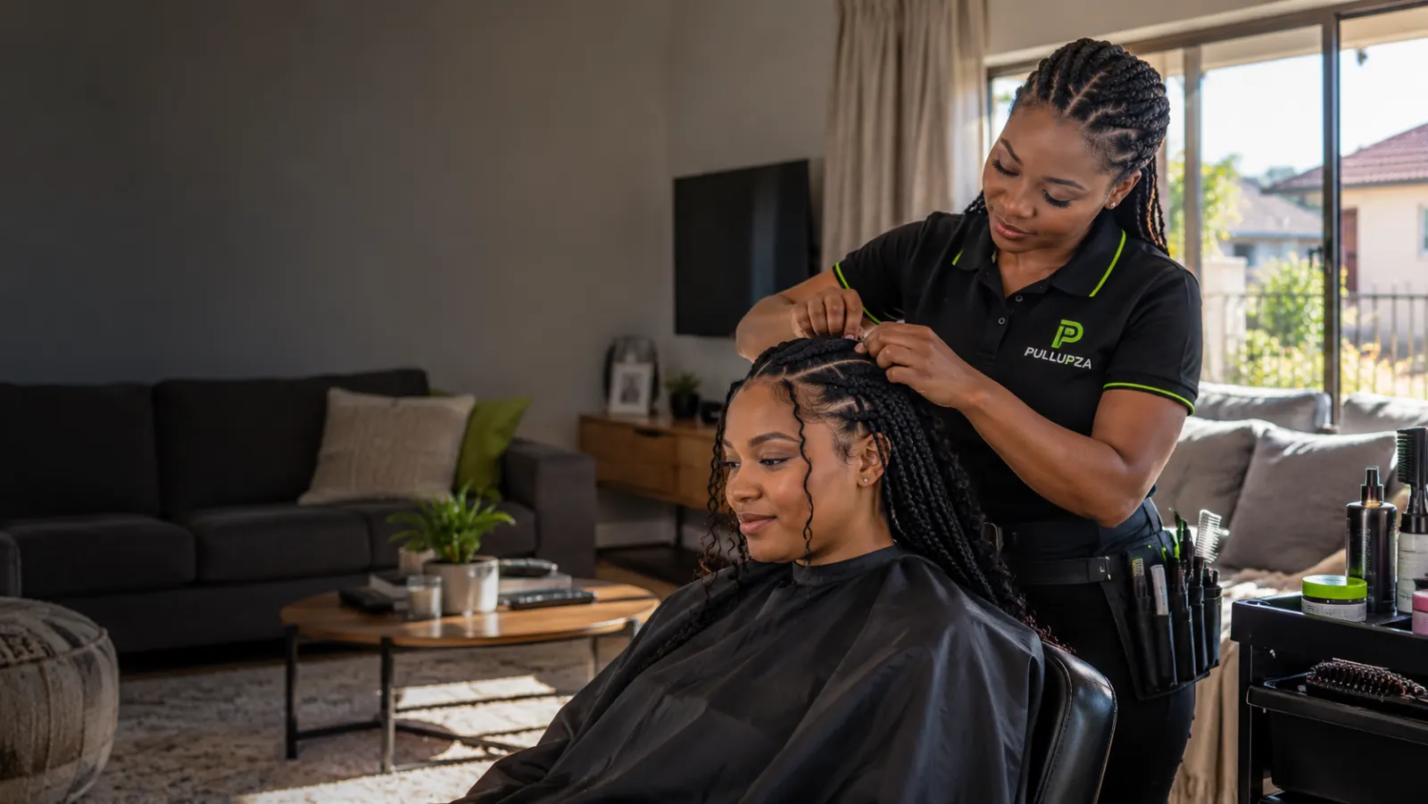 A PULLUPZA stylist braiding a customer's hair in her living room