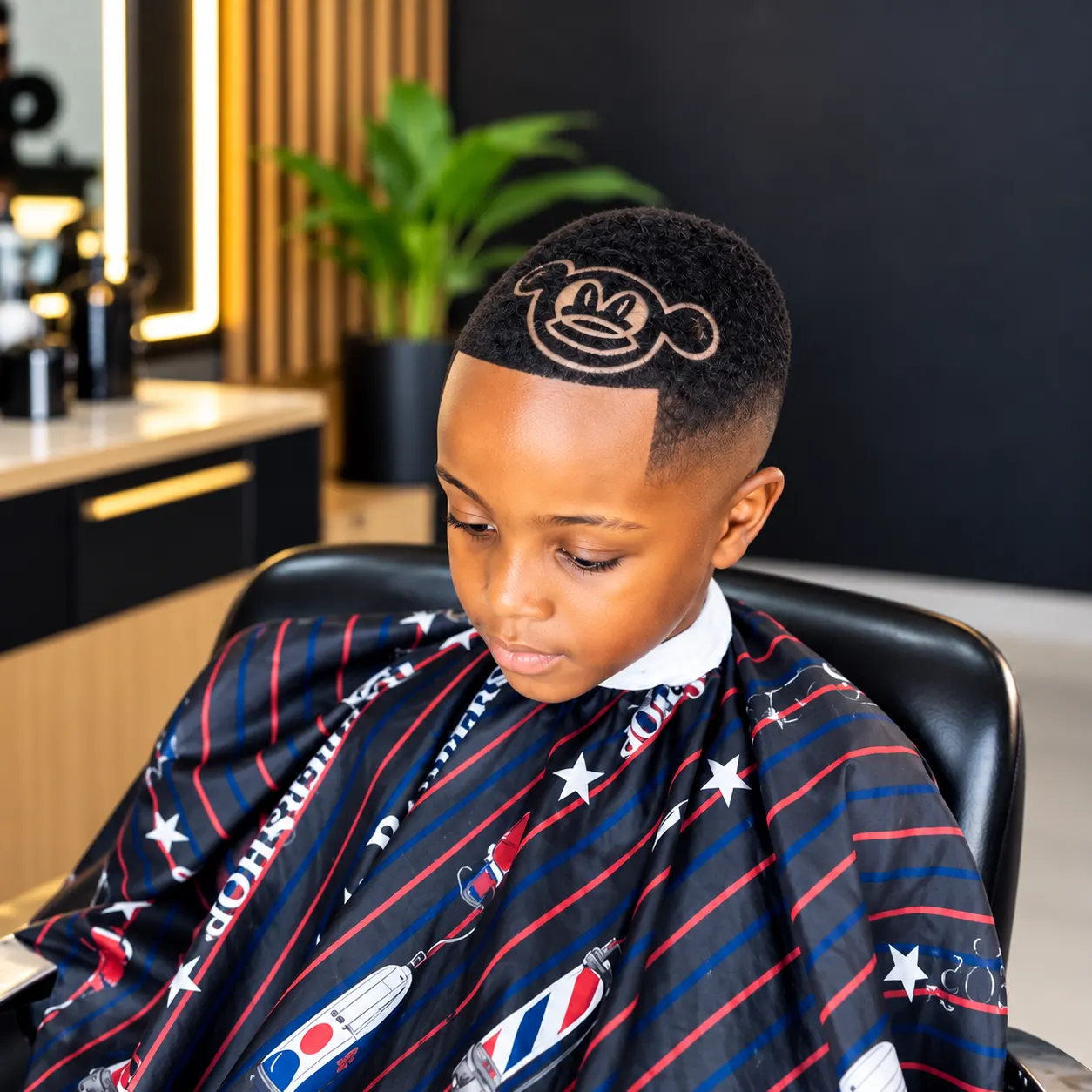 A boy in a barber's chair with a fresh cut and a design shaved into his hair