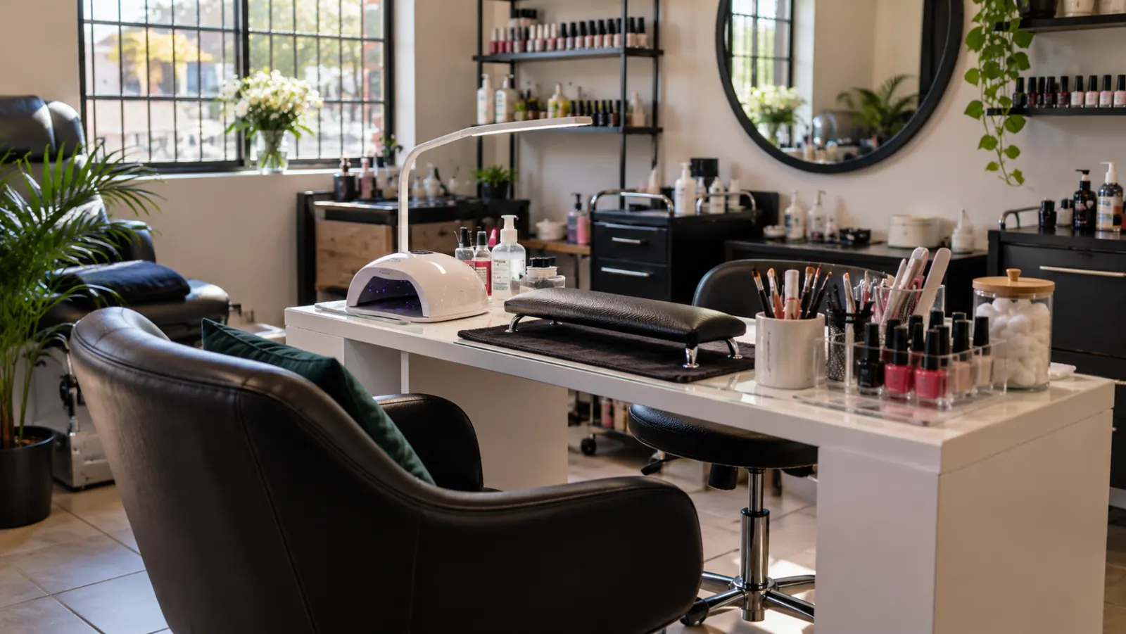 A nail station with a UV lamp, hand rest and rows of polish