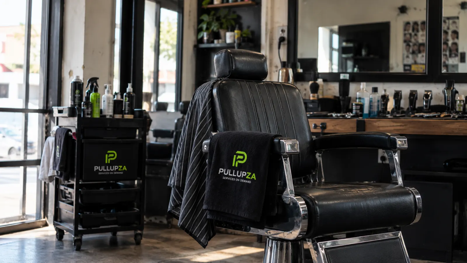 A barber's chair with a PULLUPZA towel over the arm, next to a PULLUPZA trolley
